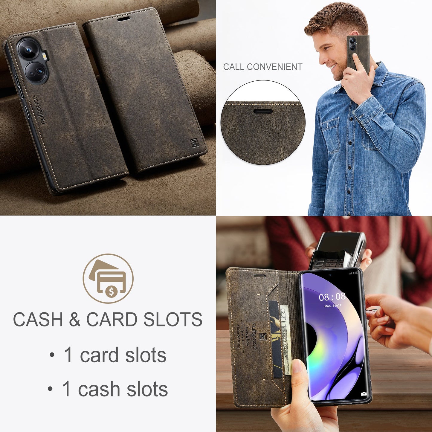 For Realme 10 Pro+ 5G Wallet Case AUTSPACE A01 Leather Stand Cover with RFID Blocking Card Holder - Coffee