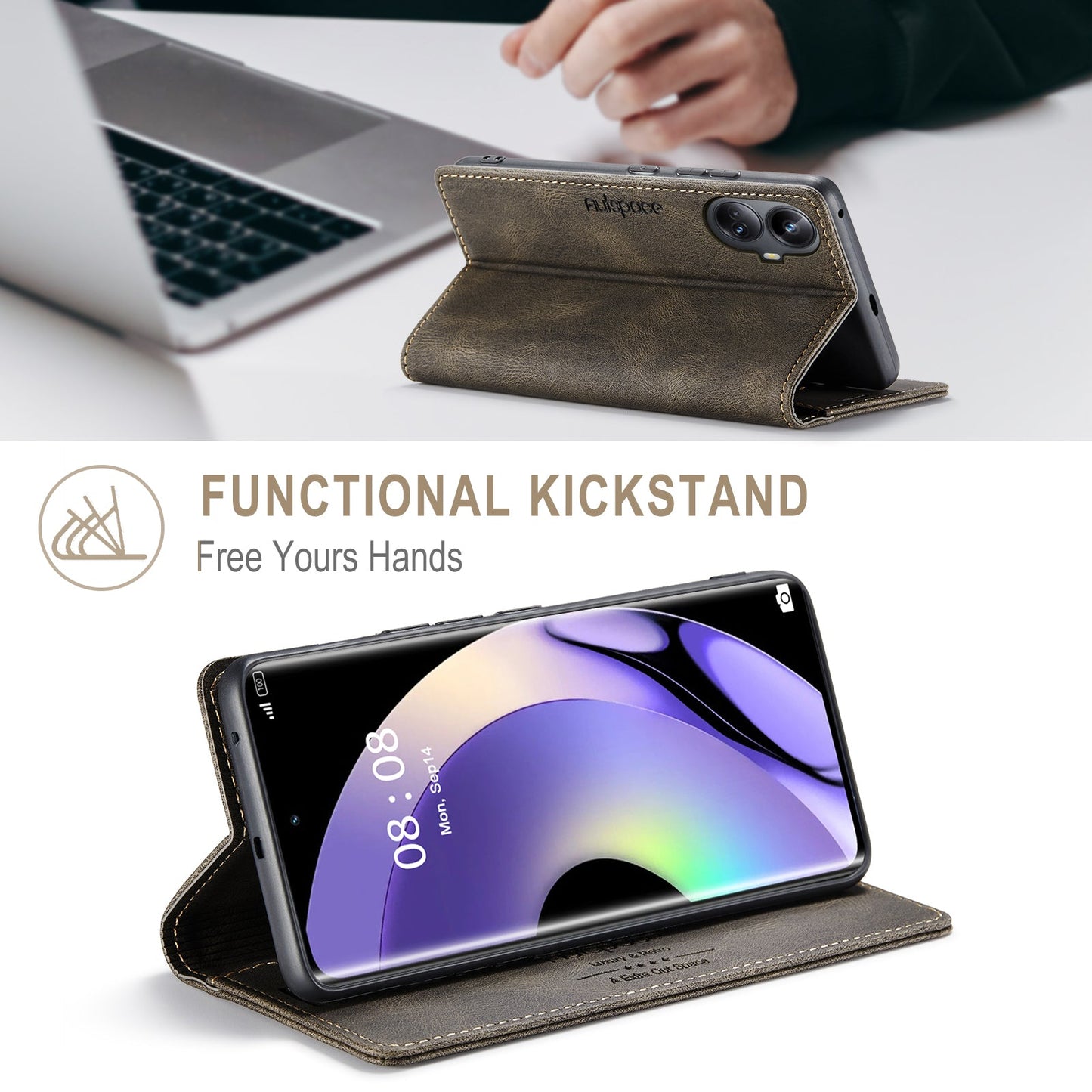 For Realme 10 Pro+ 5G Wallet Case AUTSPACE A01 Leather Stand Cover with RFID Blocking Card Holder - Coffee