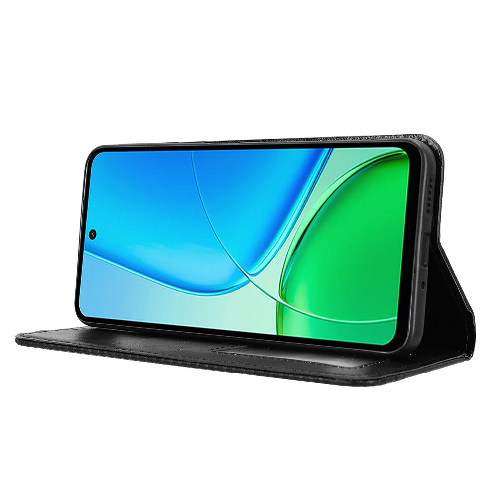 For vivo Y29 4G Retro PU Leather Case Phone Wallet Stand Cover - Black