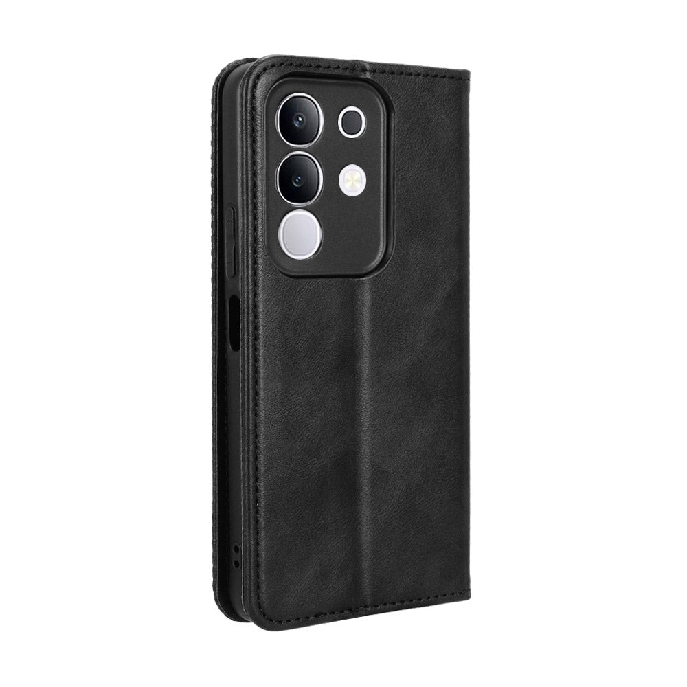 For vivo Y29 4G Retro PU Leather Case Phone Wallet Stand Cover - Black