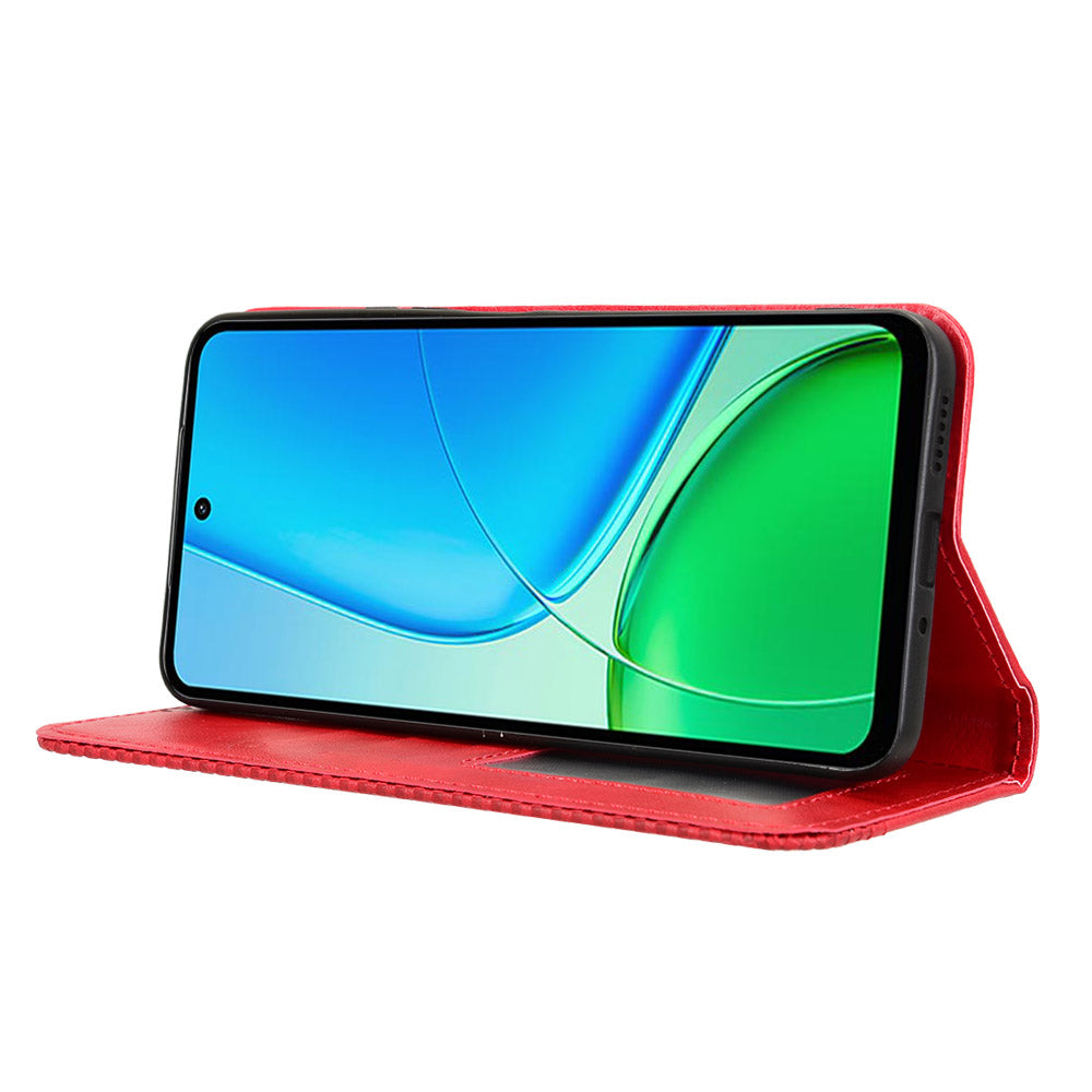 For vivo Y29 4G Retro PU Leather Case Phone Wallet Stand Cover - Red