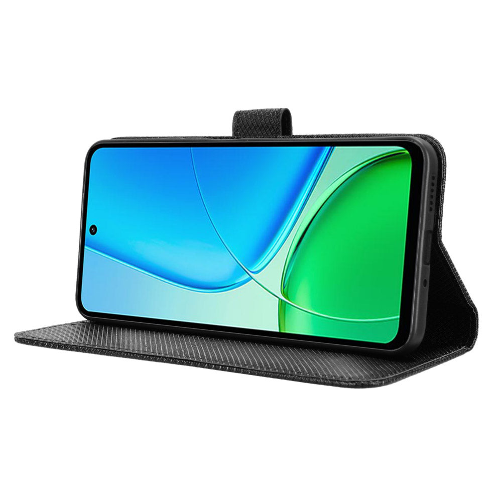 For vivo Y29 4G Leather Wallet Case with Strap Diamond Texture Phone Cover - Black