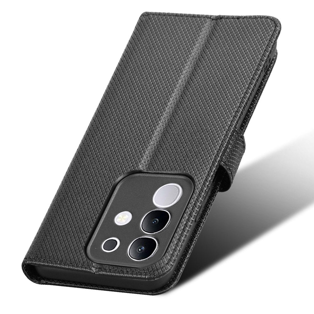 For vivo Y29 4G Leather Wallet Case with Strap Diamond Texture Phone Cover - Black