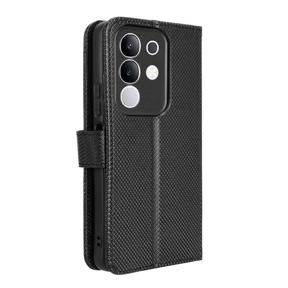 For vivo Y29 4G Leather Wallet Case with Strap Diamond Texture Phone Cover - Black