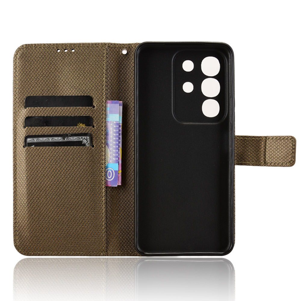 For vivo Y29 4G Leather Wallet Case with Strap Diamond Texture Phone Cover - Brown