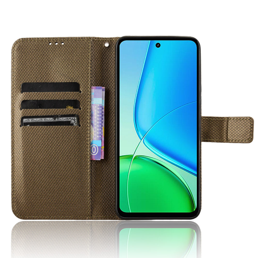 For vivo Y29 4G Leather Wallet Case with Strap Diamond Texture Phone Cover - Brown