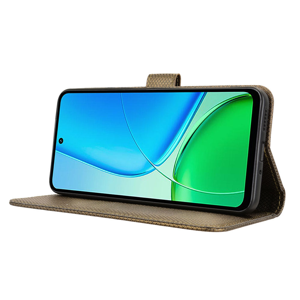 For vivo Y29 4G Leather Wallet Case with Strap Diamond Texture Phone Cover - Brown