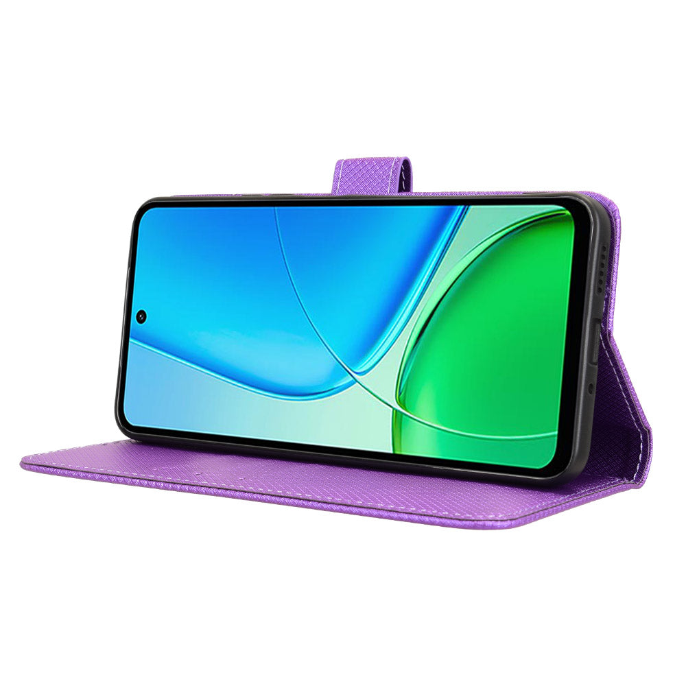 For vivo Y29 4G Leather Wallet Case with Strap Diamond Texture Phone Cover - Purple