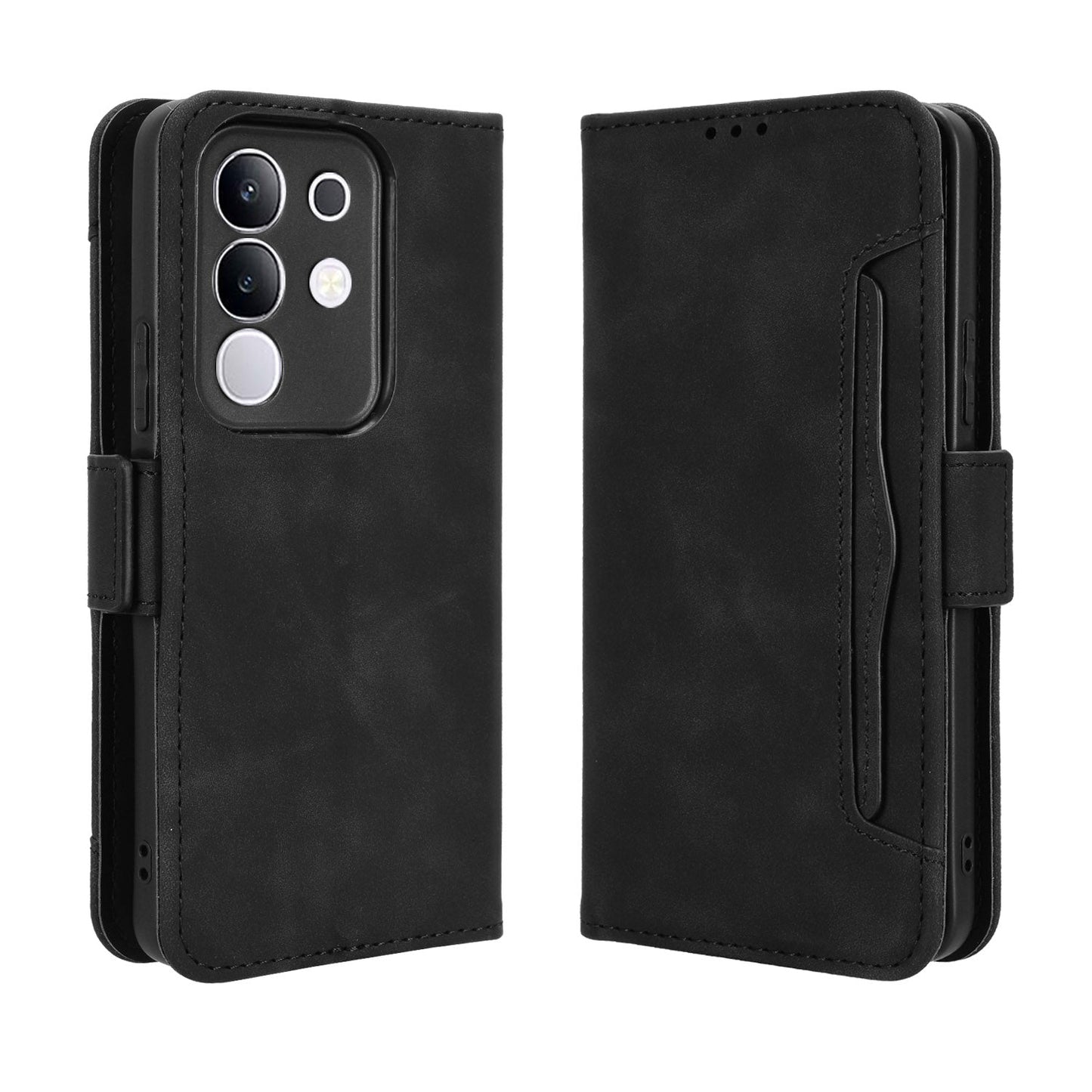 For vivo Y29 4G Leather Case Phone Wallet Cover with Multiple Card Slots - Black