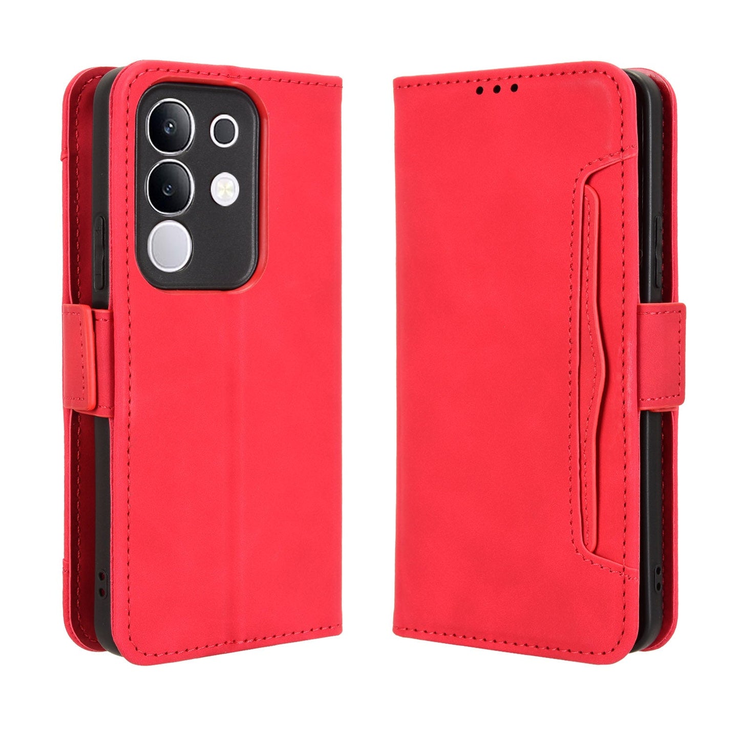 For vivo Y29 4G Leather Case Phone Wallet Cover with Multiple Card Slots - Red