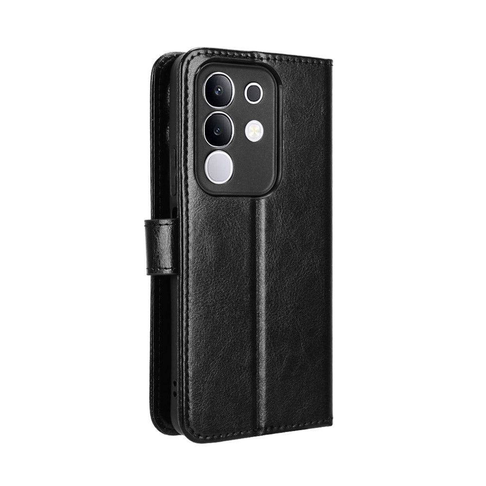 For vivo Y29 4G PU Leather Case with Strap Crazy Horse Texture Phone Wallet Cover - Black