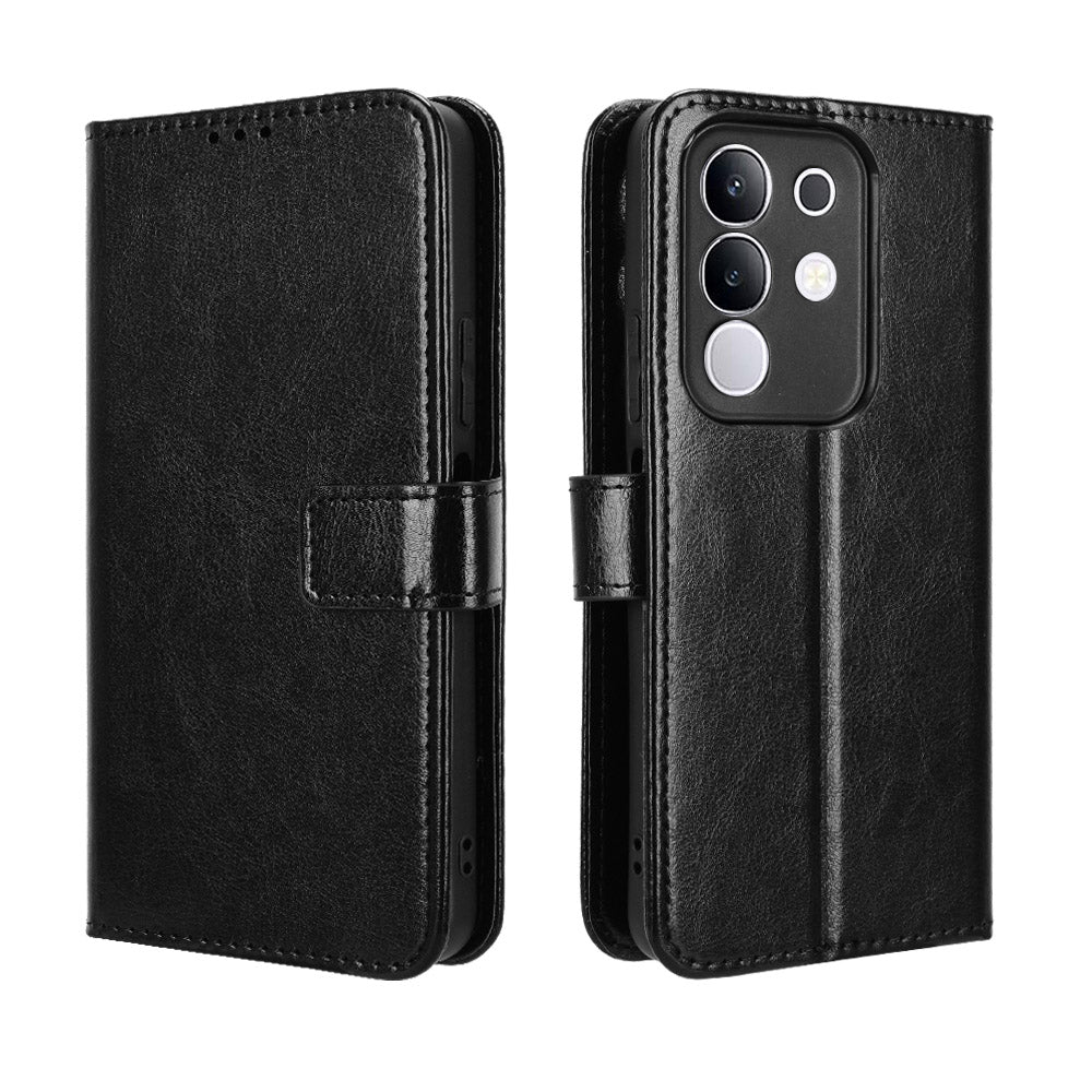 For vivo Y29 4G PU Leather Case with Strap Crazy Horse Texture Phone Wallet Cover - Black