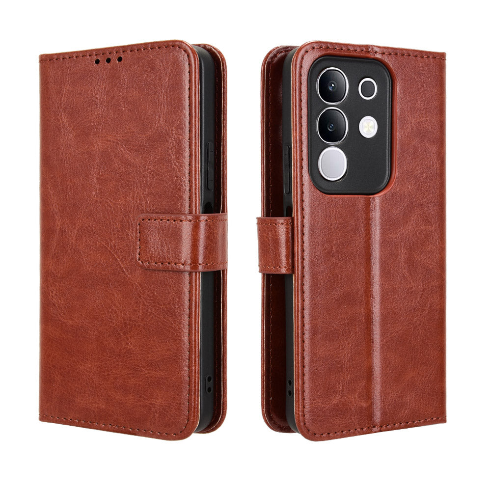 For vivo Y29 4G PU Leather Case with Strap Crazy Horse Texture Phone Wallet Cover - Brown