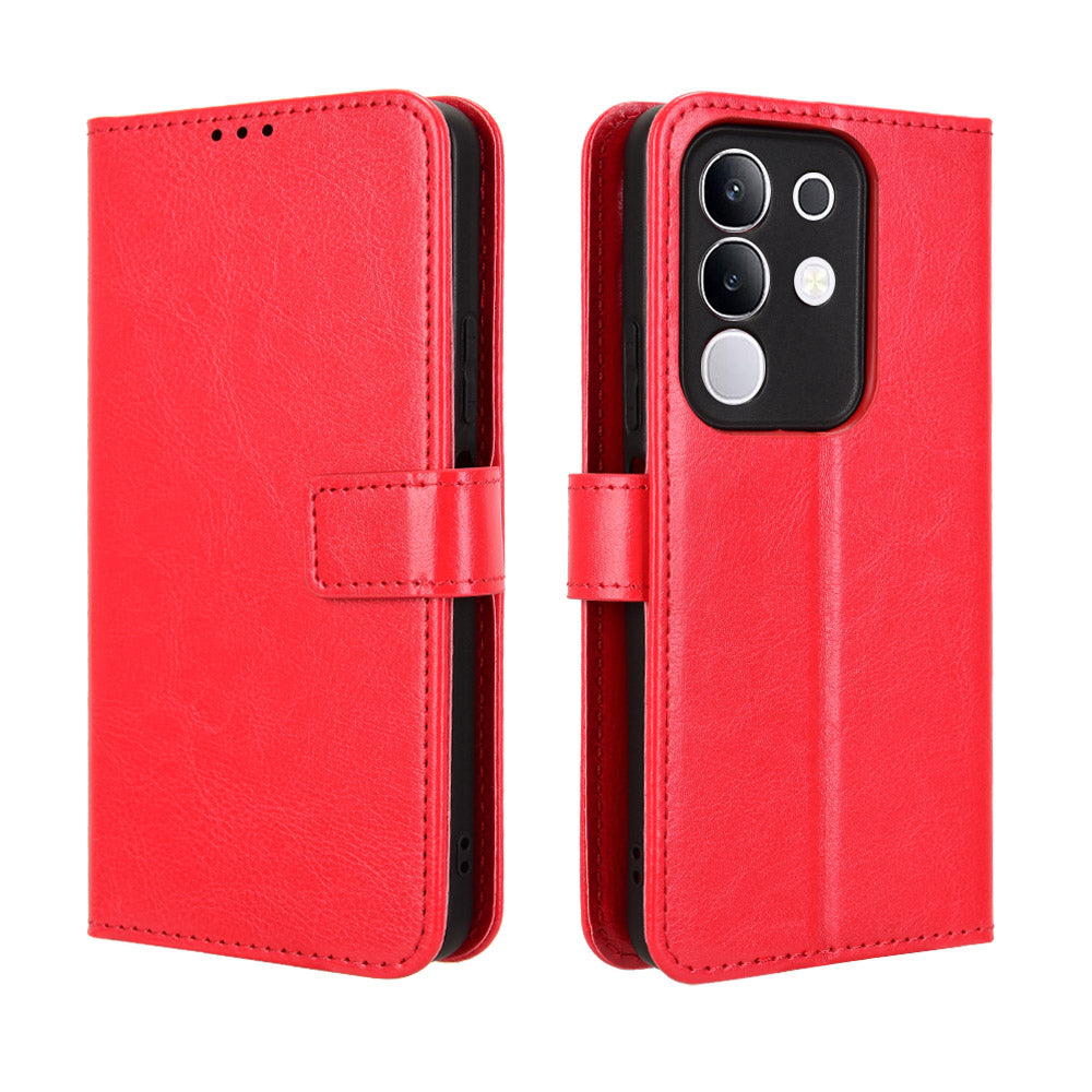 For vivo Y29 4G PU Leather Case with Strap Crazy Horse Texture Phone Wallet Cover - Red