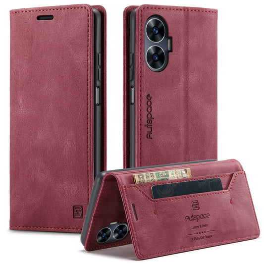 For Realme C55 4G Wallet Case AUTSPACE A01 Leather Stand Cover with RFID Blocking Card Holder - Red