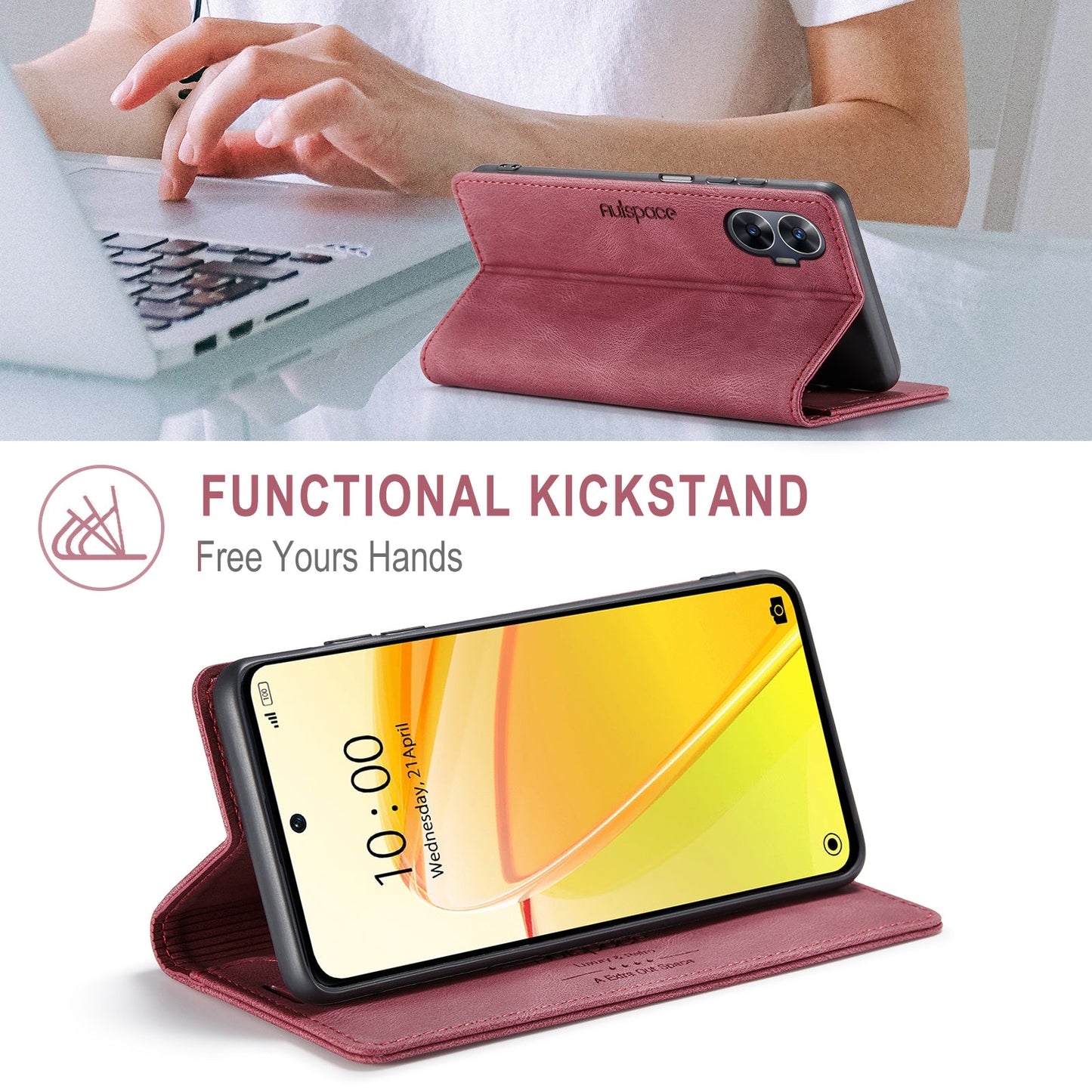 For Realme C55 4G Wallet Case AUTSPACE A01 Leather Stand Cover with RFID Blocking Card Holder - Red