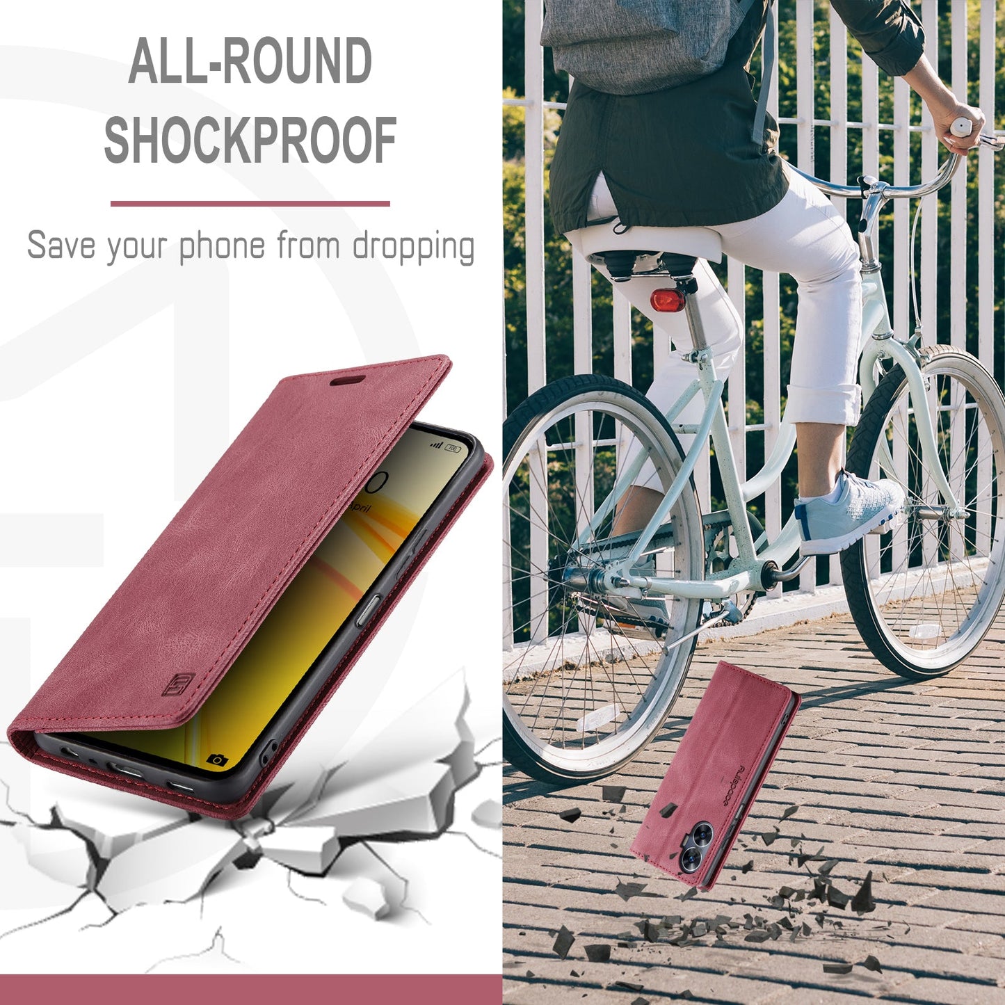 For Realme C55 4G Wallet Case AUTSPACE A01 Leather Stand Cover with RFID Blocking Card Holder - Red