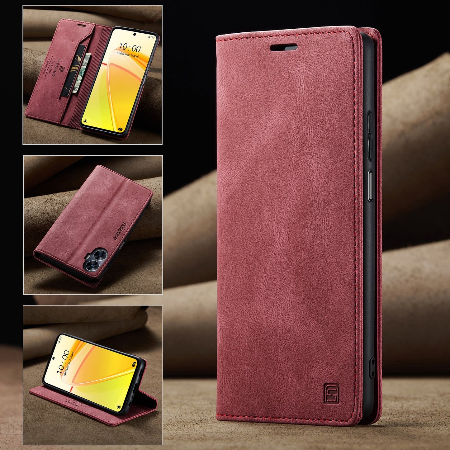 For Realme C55 4G Wallet Case AUTSPACE A01 Leather Stand Cover with RFID Blocking Card Holder - Red