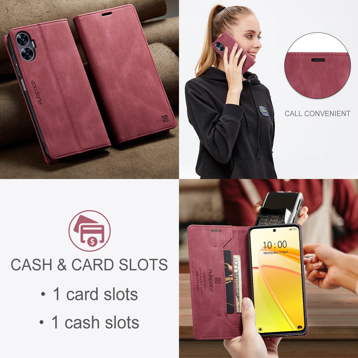 For Realme C55 4G Wallet Case AUTSPACE A01 Leather Stand Cover with RFID Blocking Card Holder - Red