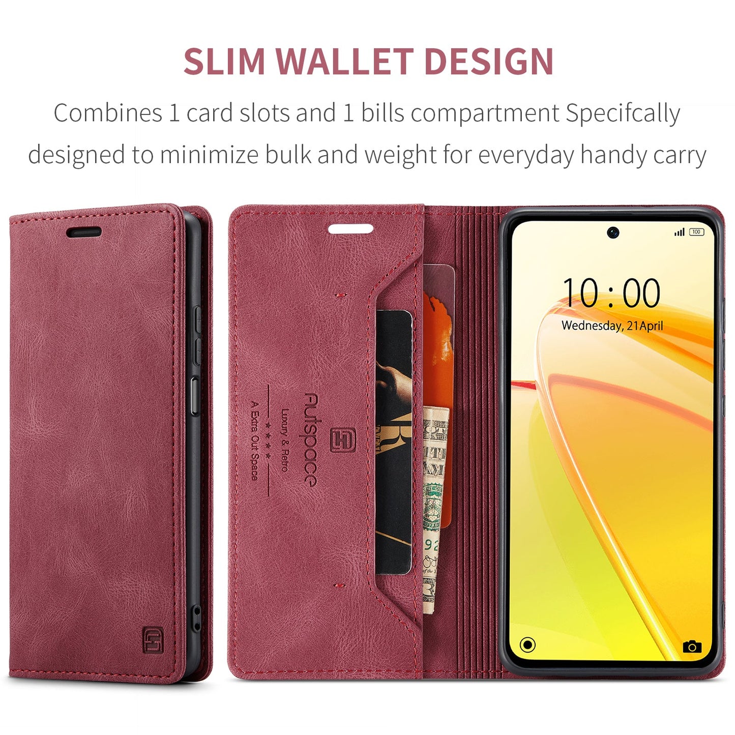 For Realme C55 4G Wallet Case AUTSPACE A01 Leather Stand Cover with RFID Blocking Card Holder - Red