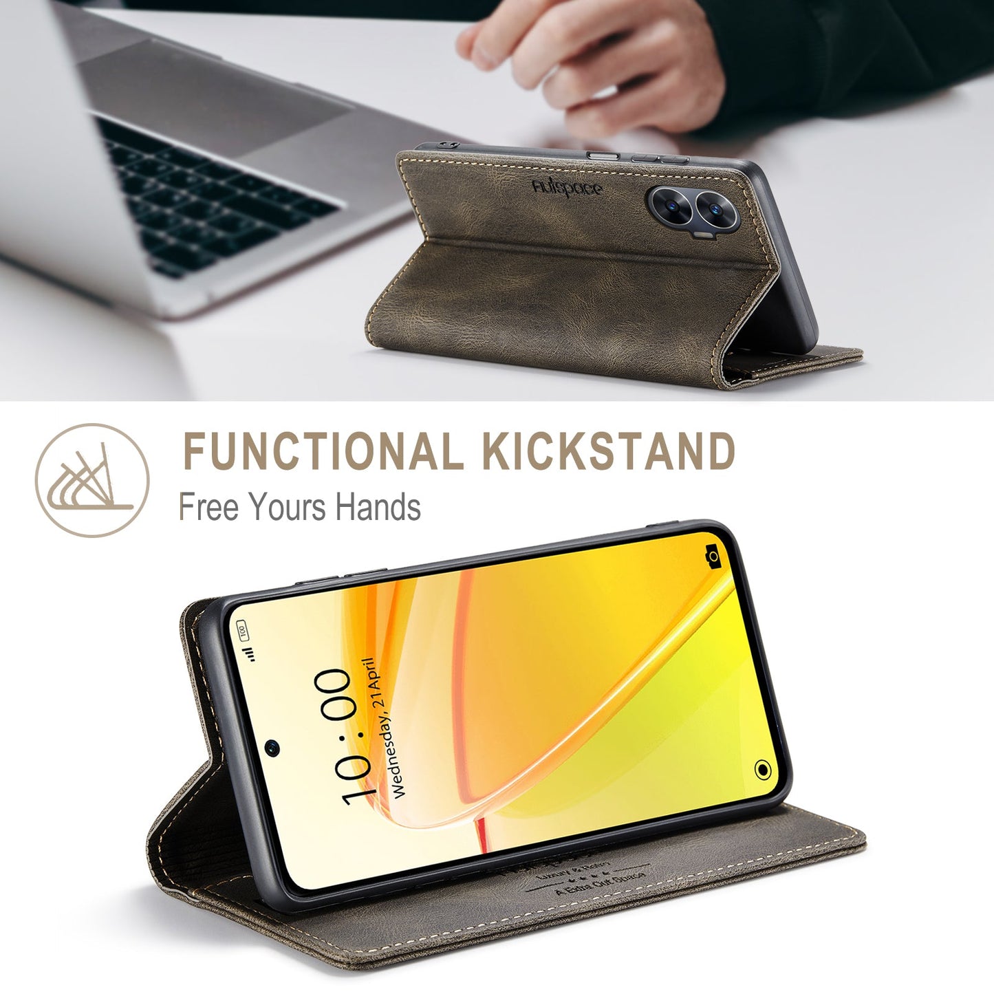 For Realme C55 4G Wallet Case AUTSPACE A01 Leather Stand Cover with RFID Blocking Card Holder - Coffee