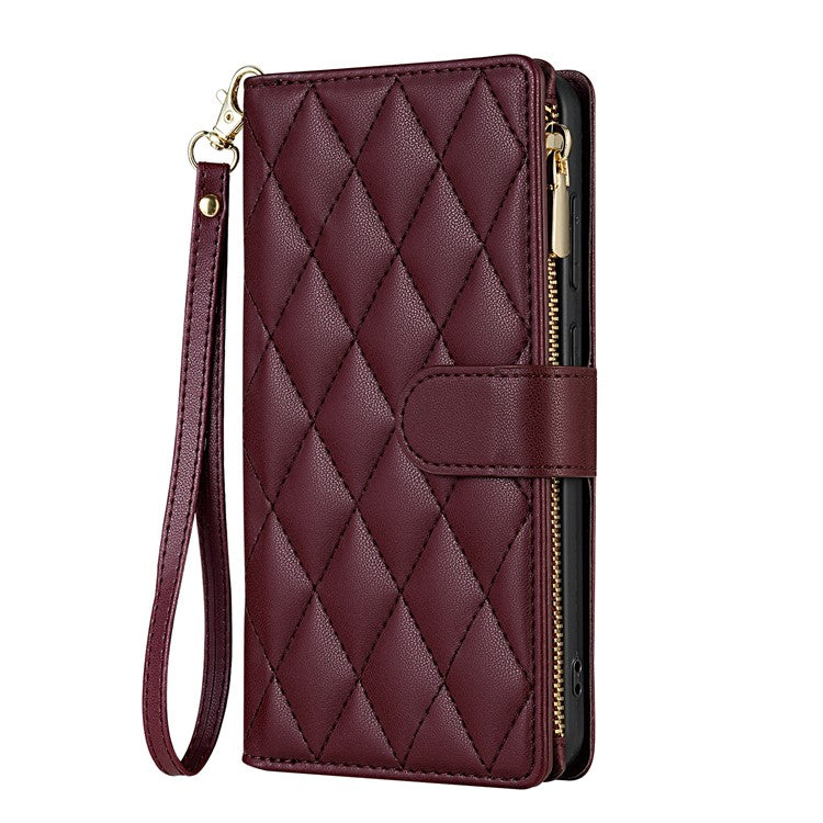 For Samsung Galaxy S25 Edge Case Rhombus Stitching Leather Wallet Phone Cover with Long  /  Short Strap - Wine Red