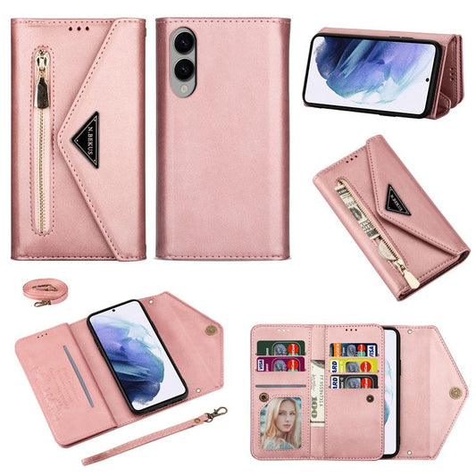 N.BEKUS For Samsung Galaxy S25 Edge Cases Skin-Touch Leather Wallet Phone Cover with Straps - Rose Gold