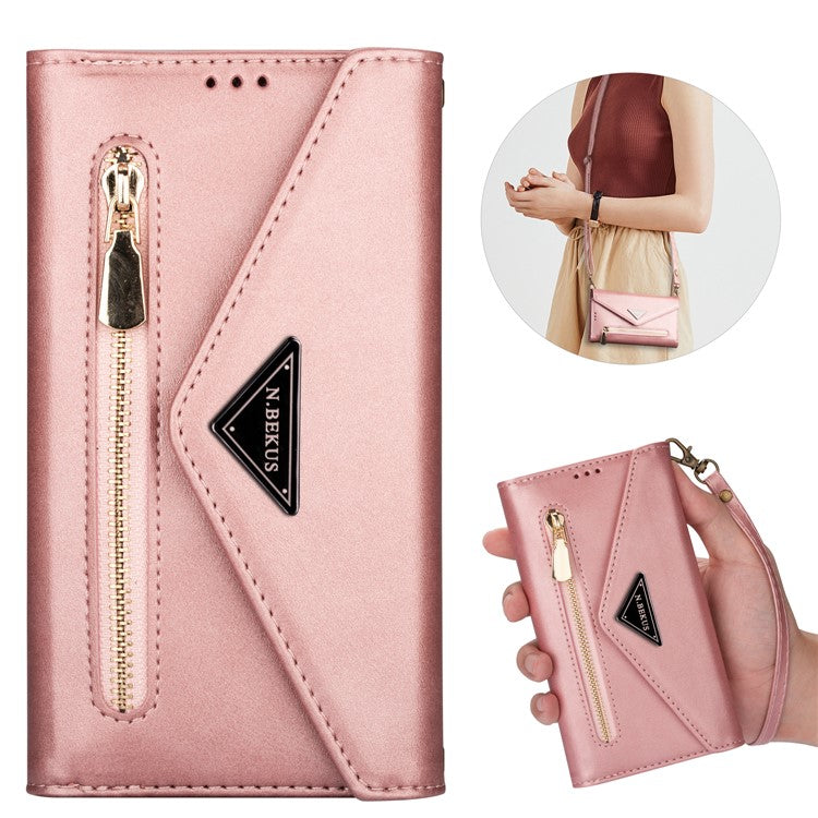 N.BEKUS For Samsung Galaxy S25 Edge Cases Skin-Touch Leather Wallet Phone Cover with Straps - Rose Gold