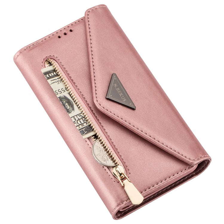 N.BEKUS For Samsung Galaxy S25 Edge Cases Skin-Touch Leather Wallet Phone Cover with Straps - Rose Gold