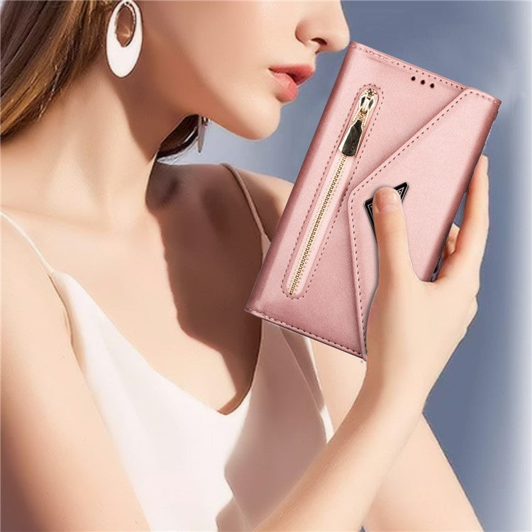 N.BEKUS For Samsung Galaxy S25 Edge Cases Skin-Touch Leather Wallet Phone Cover with Straps - Rose Gold