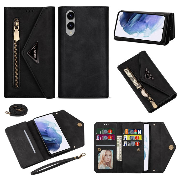 N.BEKUS For Samsung Galaxy S25 Edge Cases Skin-Touch Leather Wallet Phone Cover with Straps - Black