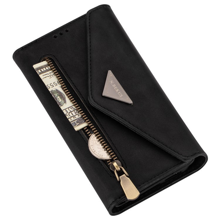 N.BEKUS For Samsung Galaxy S25 Edge Cases Skin-Touch Leather Wallet Phone Cover with Straps - Black