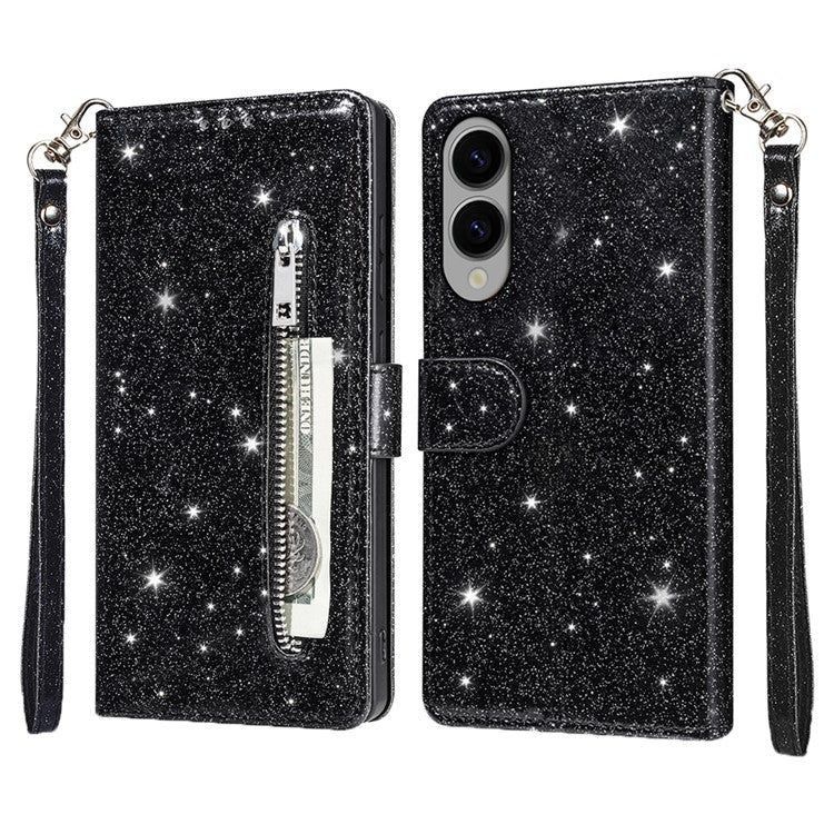 For Samsung Galaxy S25 Edge Stand Case Glitter Phone Leather Cover Zipper Pocket - Black