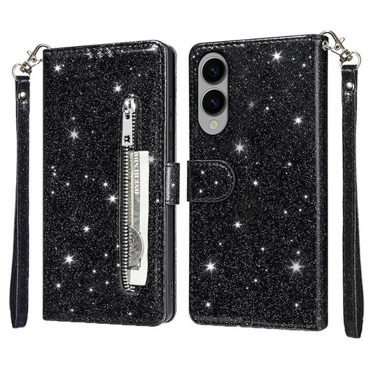 For Samsung Galaxy S25 Edge Stand Case Glitter Phone Leather Cover Zipper Pocket - Black