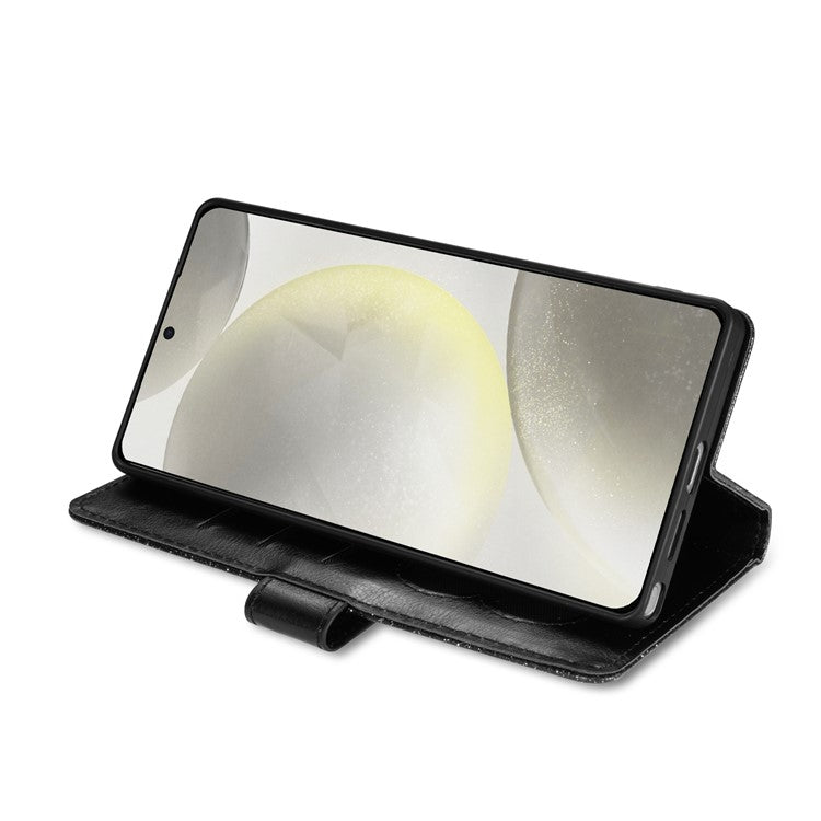 For Samsung Galaxy S25 Edge Stand Case Glitter Phone Leather Cover Zipper Pocket - Black