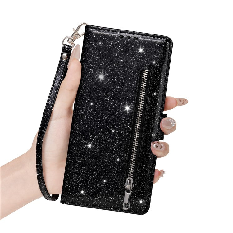 For Samsung Galaxy S25 Edge Stand Case Glitter Phone Leather Cover Zipper Pocket - Black