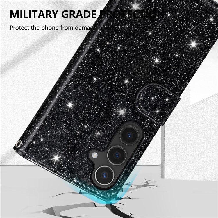 For Samsung Galaxy S25 Edge Stand Case Glitter Phone Leather Cover Zipper Pocket - Black