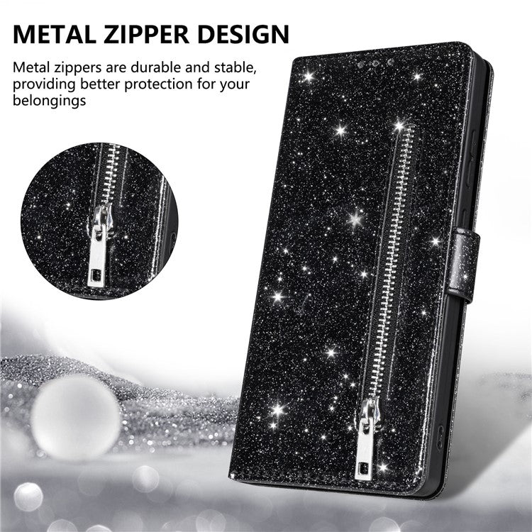 For Samsung Galaxy S25 Edge Stand Case Glitter Phone Leather Cover Zipper Pocket - Black