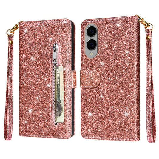 For Samsung Galaxy S25 Edge Stand Case Glitter Phone Leather Cover Zipper Pocket - Rose Gold