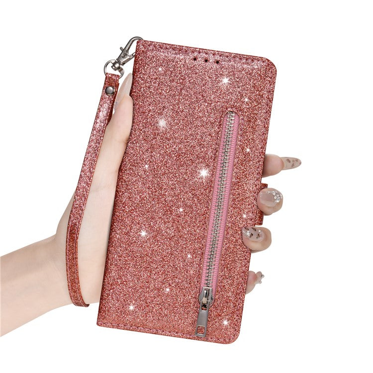 For Samsung Galaxy S25 Edge Stand Case Glitter Phone Leather Cover Zipper Pocket - Rose Gold