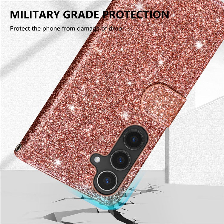 For Samsung Galaxy S25 Edge Stand Case Glitter Phone Leather Cover Zipper Pocket - Rose Gold