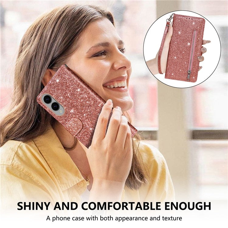 For Samsung Galaxy S25 Edge Stand Case Glitter Phone Leather Cover Zipper Pocket - Rose Gold