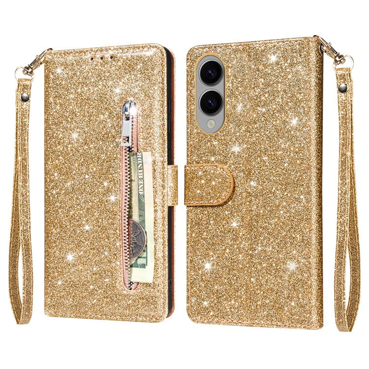 For Samsung Galaxy S25 Edge Stand Case Glitter Phone Leather Cover Zipper Pocket - Gold