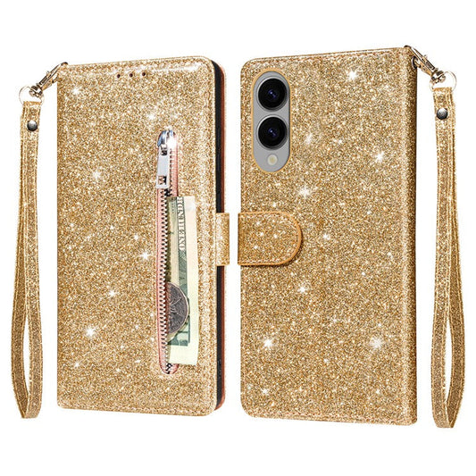For Samsung Galaxy S25 Edge Stand Case Glitter Phone Leather Cover Zipper Pocket - Gold