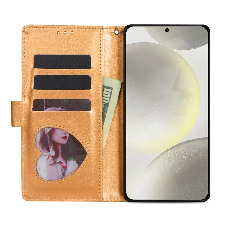 For Samsung Galaxy S25 Edge Stand Case Glitter Phone Leather Cover Zipper Pocket - Gold