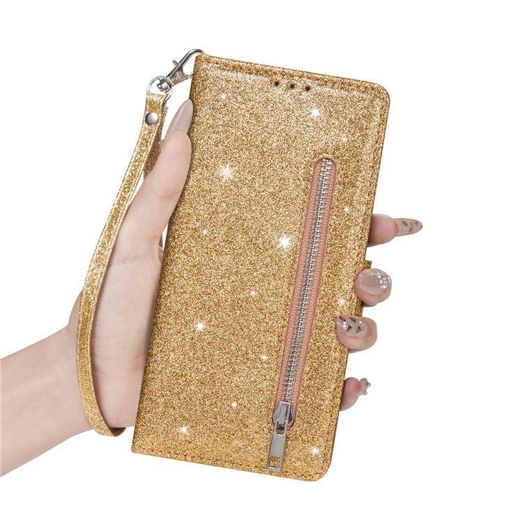 For Samsung Galaxy S25 Edge Stand Case Glitter Phone Leather Cover Zipper Pocket - Gold