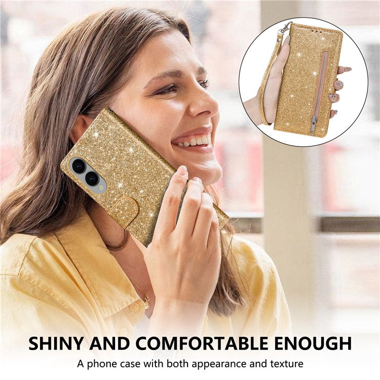 For Samsung Galaxy S25 Edge Stand Case Glitter Phone Leather Cover Zipper Pocket - Gold