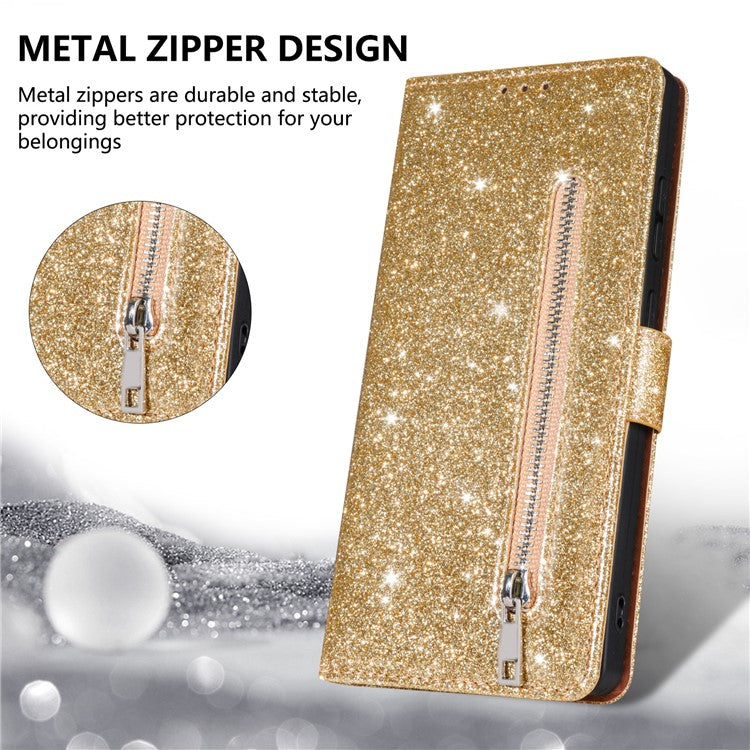 For Samsung Galaxy S25 Edge Stand Case Glitter Phone Leather Cover Zipper Pocket - Gold