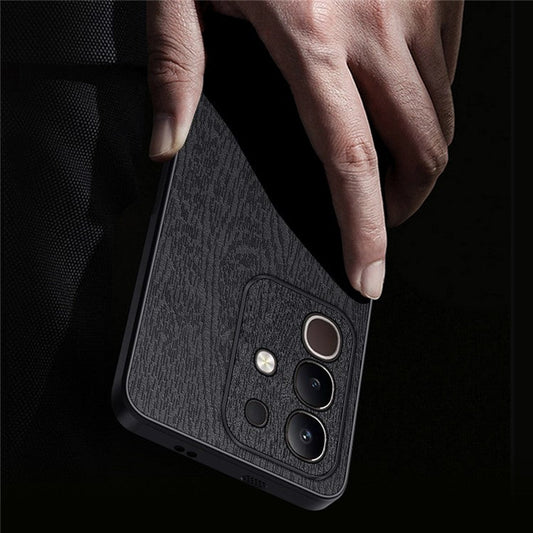 For vivo Y29 4G Case Wood Texture PU Leather Coated PC TPU Phone Cover - Blue