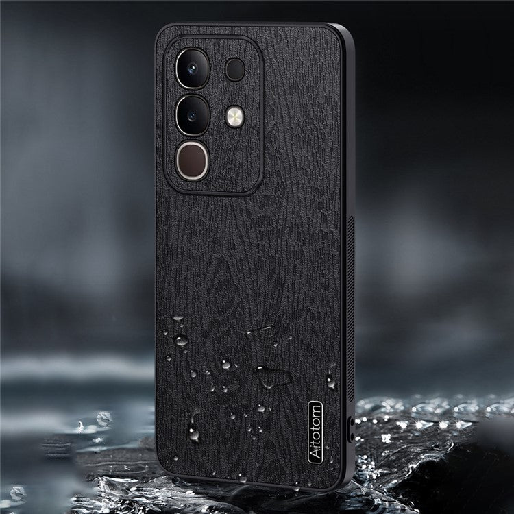 For vivo Y29 4G Case Wood Texture PU Leather Coated PC TPU Phone Cover - Grey